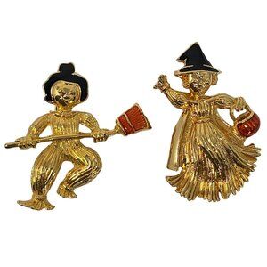 Vintage Gold Tone Halloween Witch and Scarecrow Enamel Brooch Pin Set